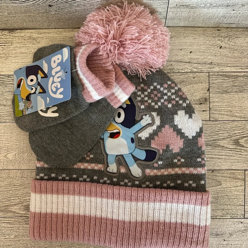 Bluey Gray and Pink Heart Knit Pom Pom Beanie with mittens